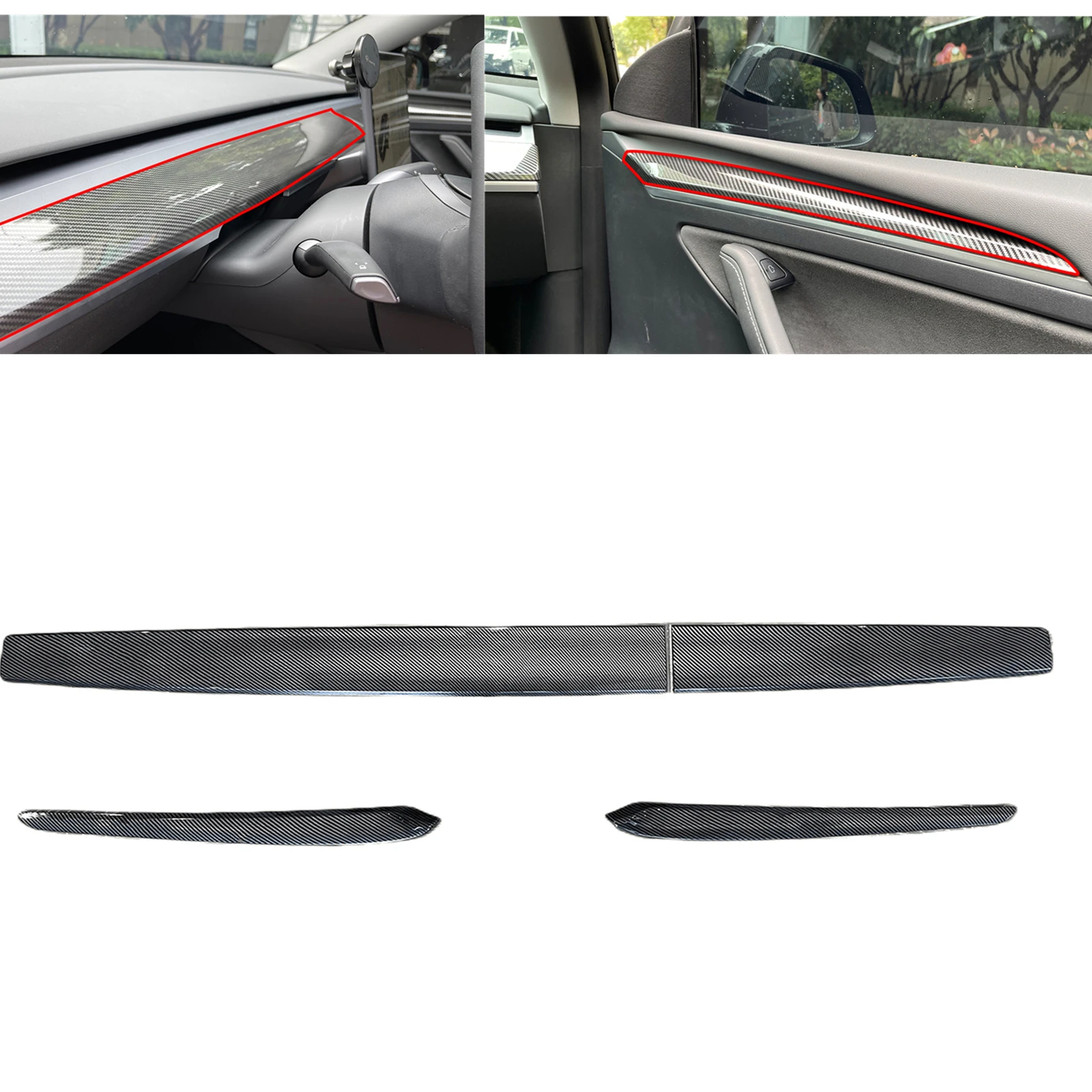 

For Tesla Model 3 Model Y 21+ Carbon Fiber Look/Gloss/Matte Black Dashboard Cover Front Door Side Armrest Panel Trim Decorative