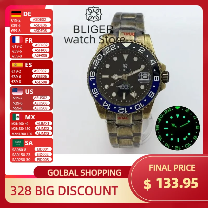 BLIGER-Reloj Automático NH34A GMT para hombre, pulsera clásica de bronce sólido, cristal de zafiro, esfera negra, 40mm, Cusn8