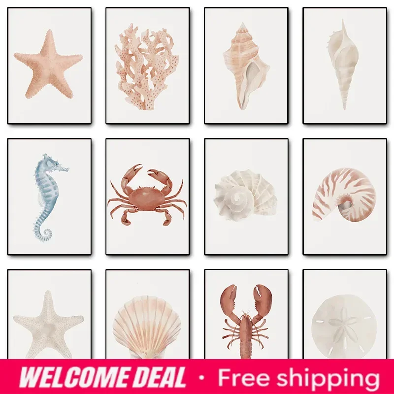 2026  Beach Coastal Conch Shell Crab Sand Watercolor Coral Starfish Poster Print Wall Art Pictures Canvas Painting Room Home