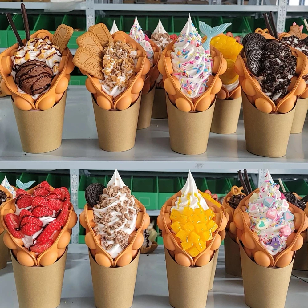 Fruits Bubble Waffle Model Ice Cream Order Display Sample Decoration Artificial Plastic Street Snacks Long Life Whipped Cream