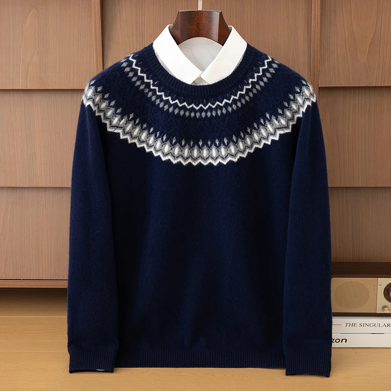 Autumn Winter 100% Pure Wool Men's Round Neck Thick Jacquard Pullover Sweater Loose Casual Knitting Bottoming Cashmere Sweater
