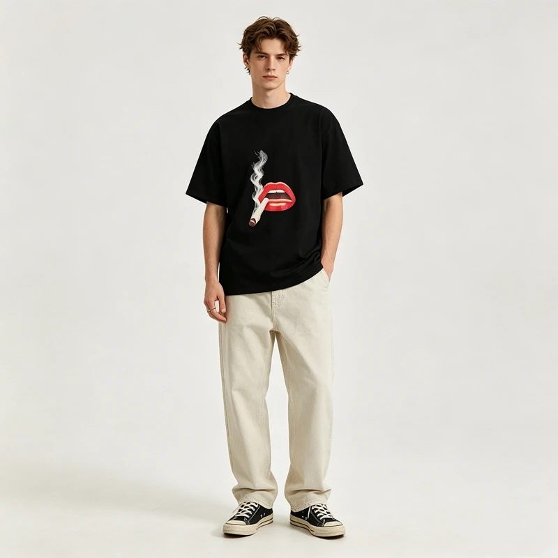 Retro Smoking Red Lips Grafik-T-Shirt, übergroße, lässige T-Shirts, Y2K-Streetwear, lässige Baumwolle, kurzärmelig, Unisex-Kleidung – Detail 5