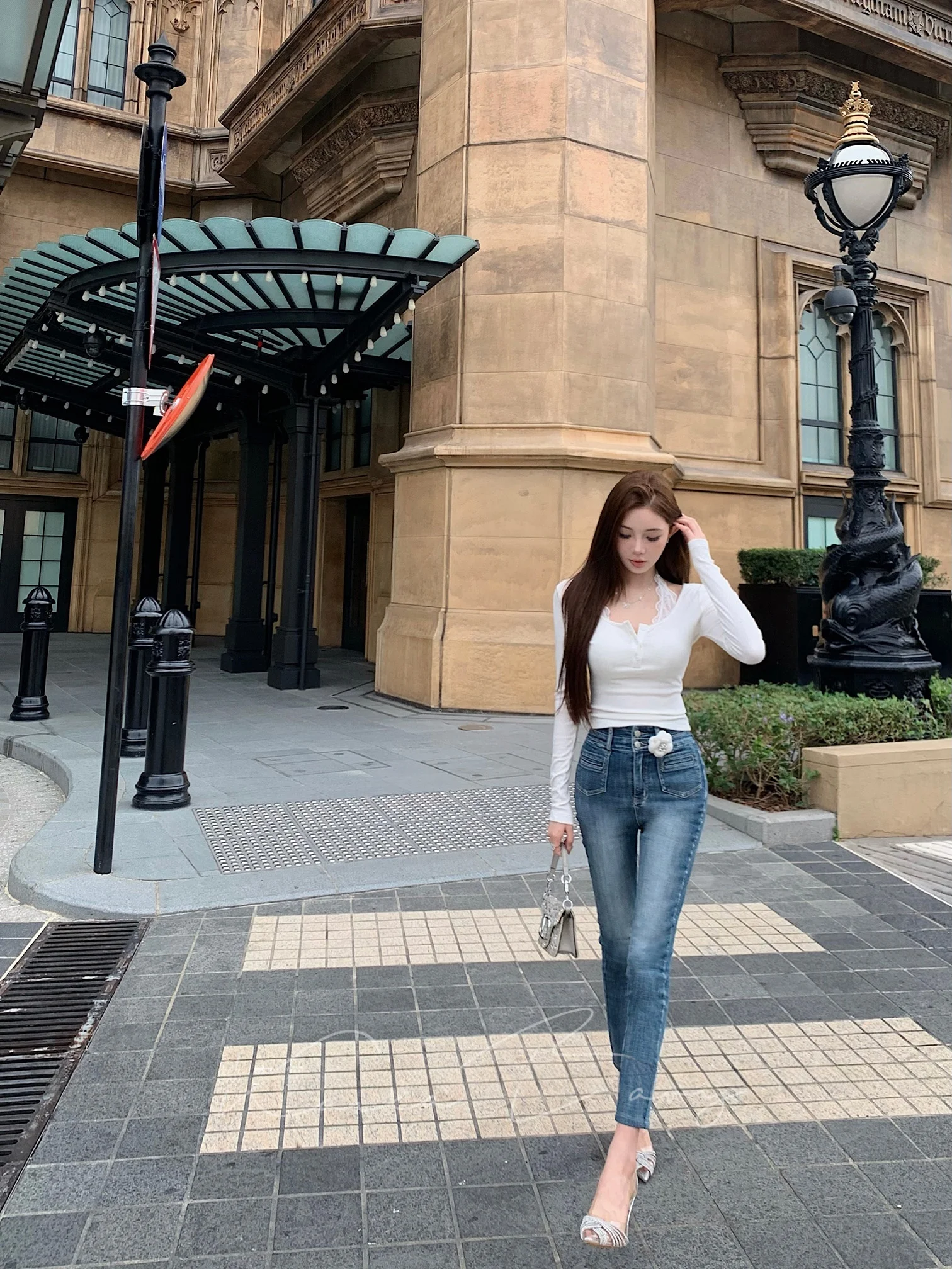 

High Waist Two Button Elastic Slimming Women's Jeans Korean Style Hot Girl Butt Lifting Cotton Stretch Denim Pants