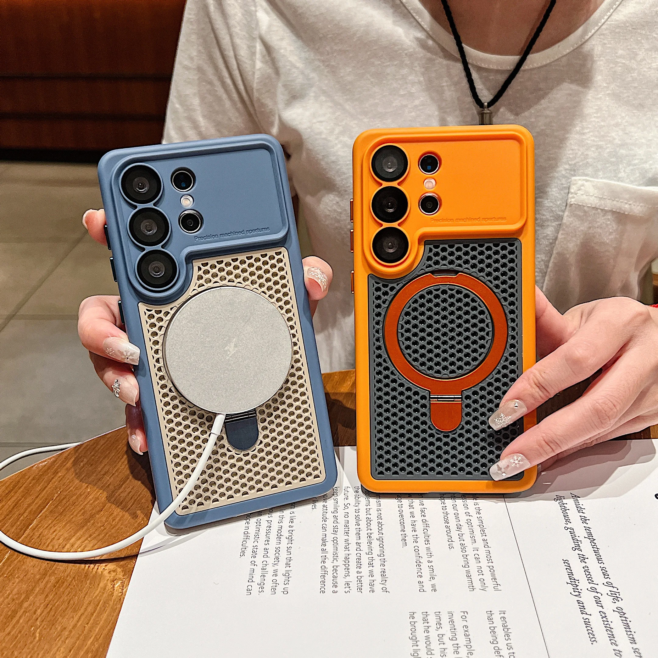 New Luxury Heat Dissipation Mesh Hole Phone Case for Samsung S24 S25 S26 Ultra Magnetic Wireless Charge Stand Holder Armor Cover - view 5