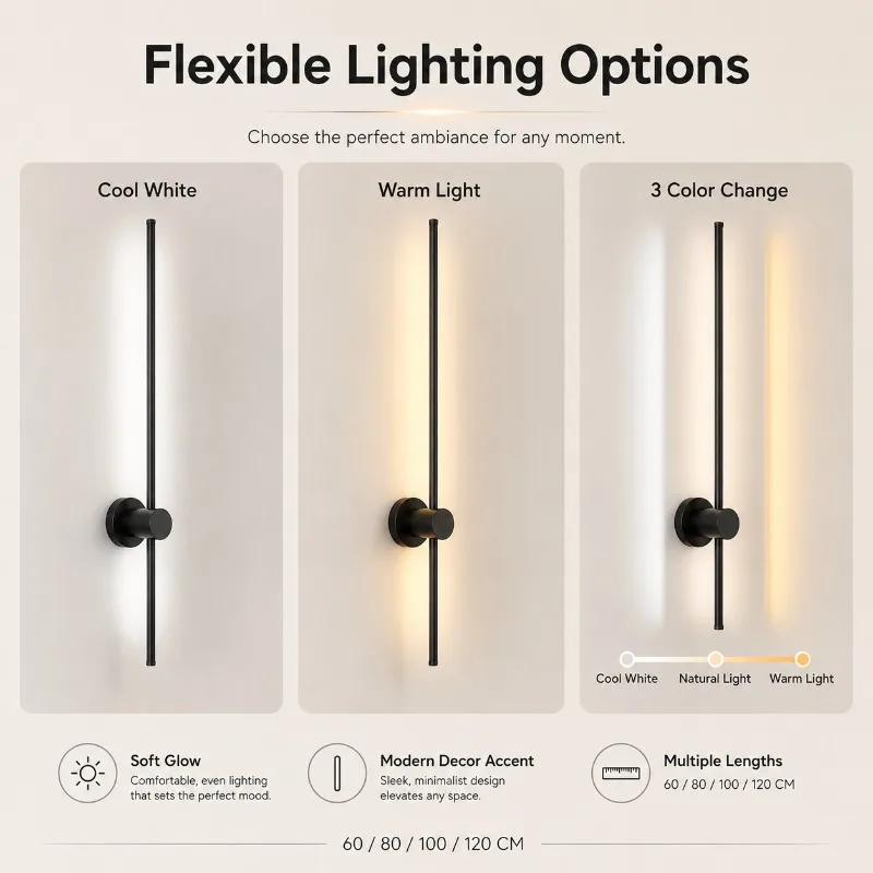 60cm 80cm 100cm 120cm Modern Linear LED Wall Lamp Bedside Sconce for Bedroom Living Room TV Background Home Decor Wall Lamp