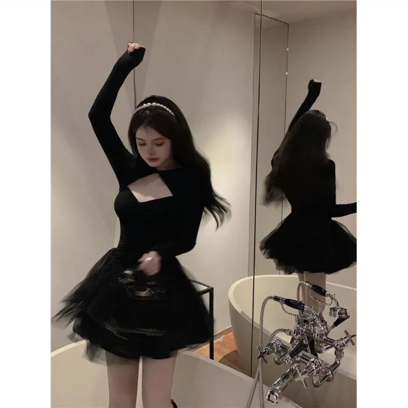 Sukienka damska czarna bufiaste krótkie spódniczki jesień nowy francuski styl sukienka z siateczki spódnica księżniczki