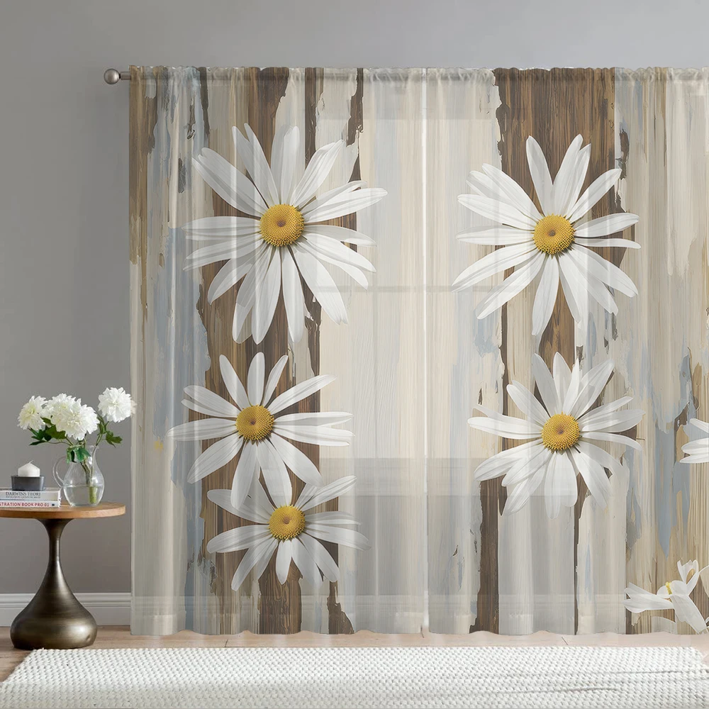 2Pcs White Brown Gradient Background Daisy Print Home Decoration Window Screens Suitable For Coffee Shops, Bedrooms