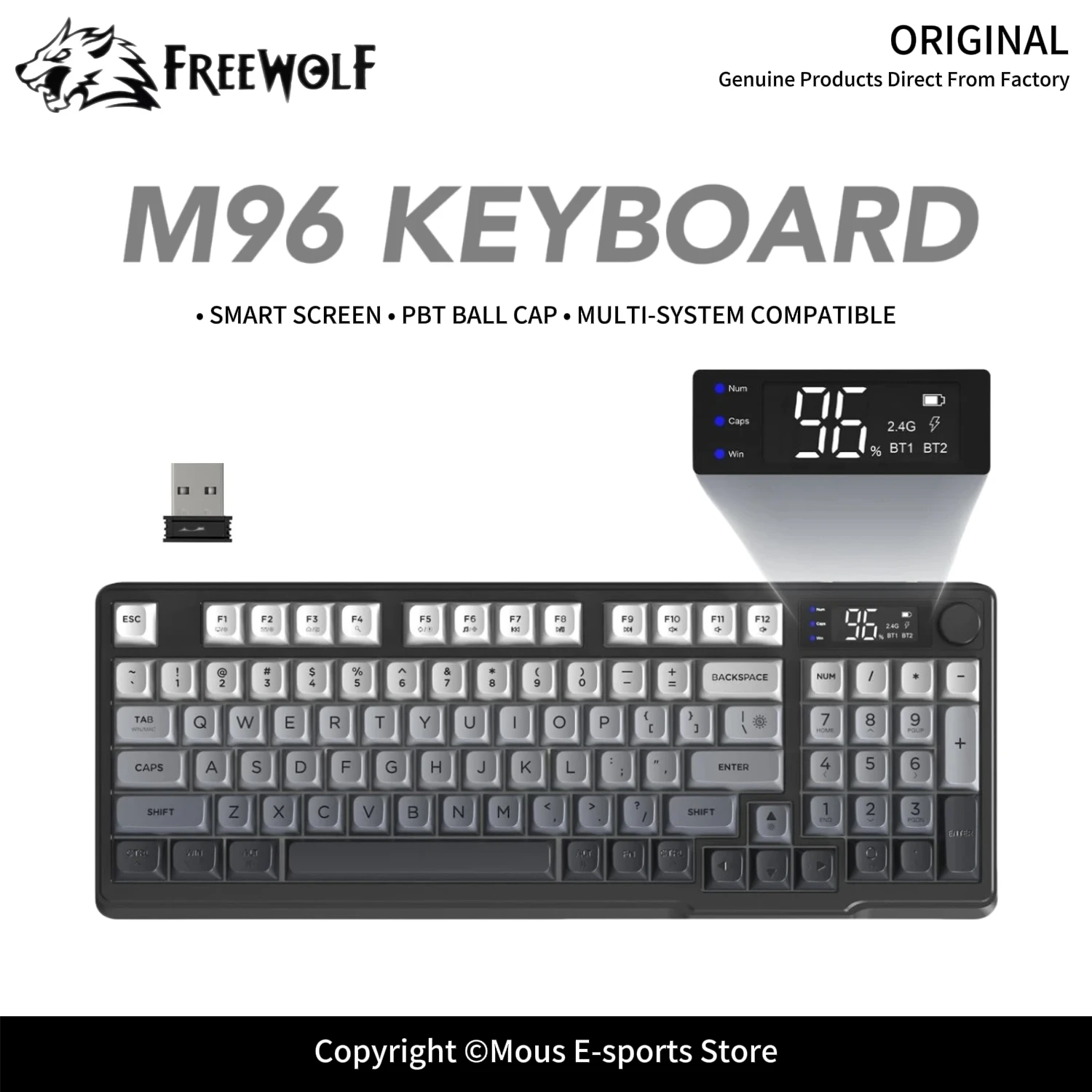 FREEWOLF M96 Tri-Mode RGB Wireless Mechanical Keyboard with Smart Digital Display Volume Knob 2000mAh Battery PBT Keycaps for PC
