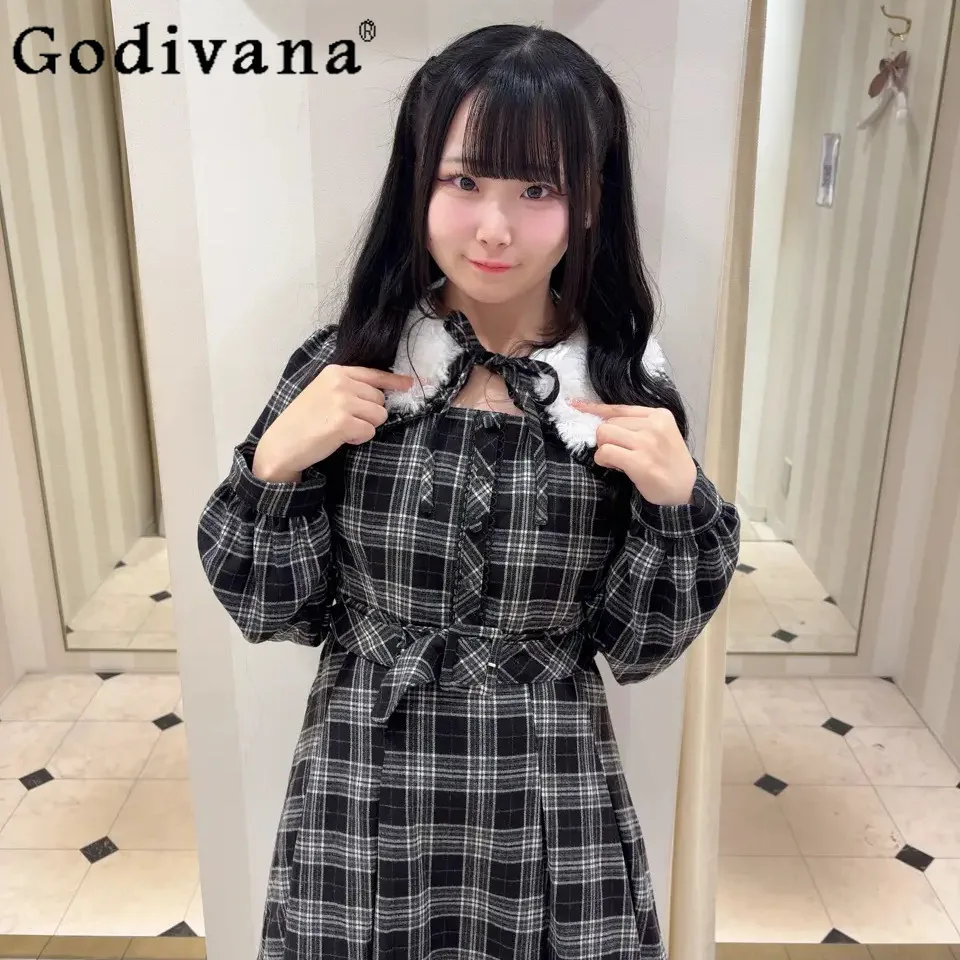 

Japanese Original Sweet Cute Girl Plush Collar Tie Bow Long Sleeve Plaid Daily Commute Dress