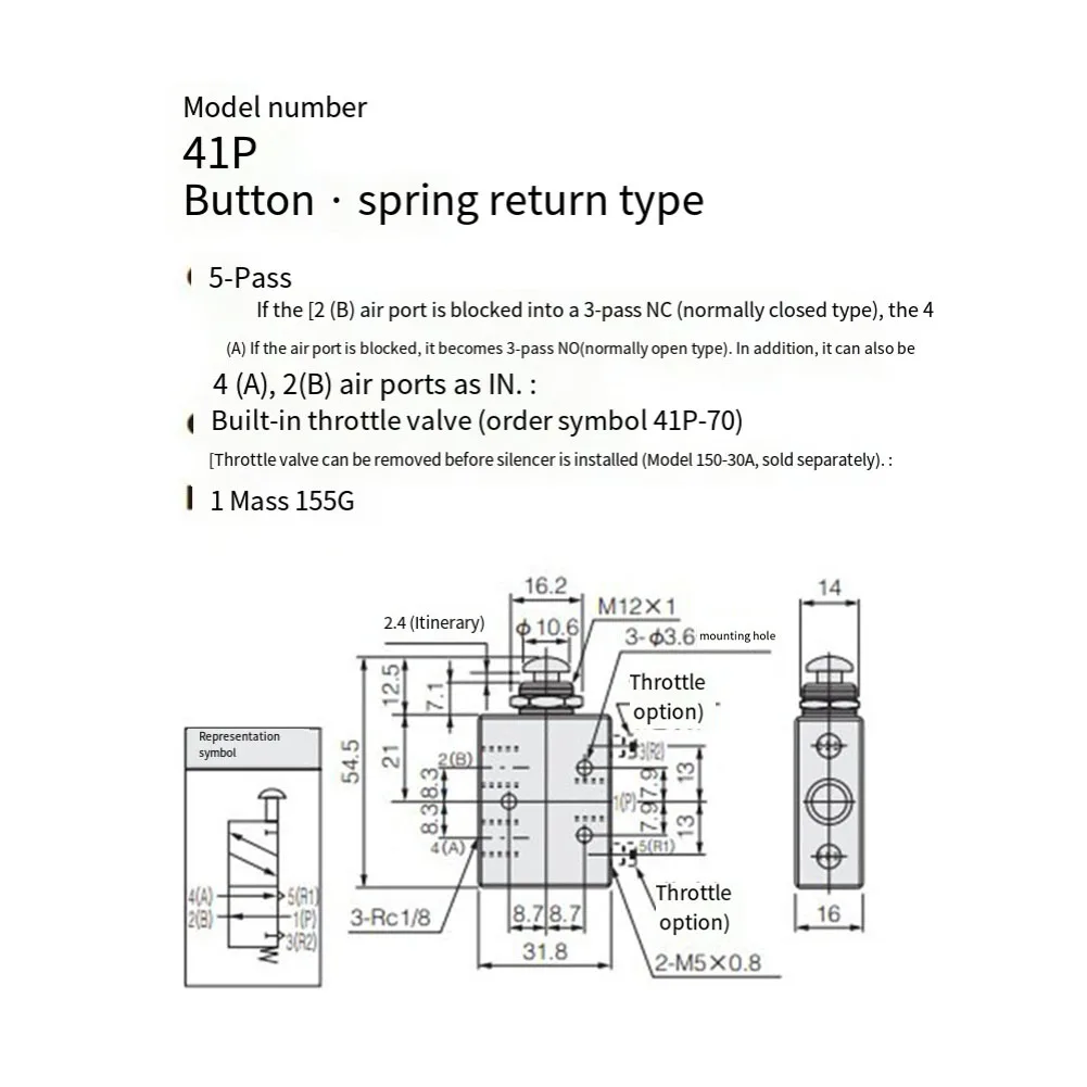 TAC2-41P+34T Pneumatic Valve 2 Position 3Way Mechanical Valve With 6mm Connector For Control The Output Signal Of Pneumatic