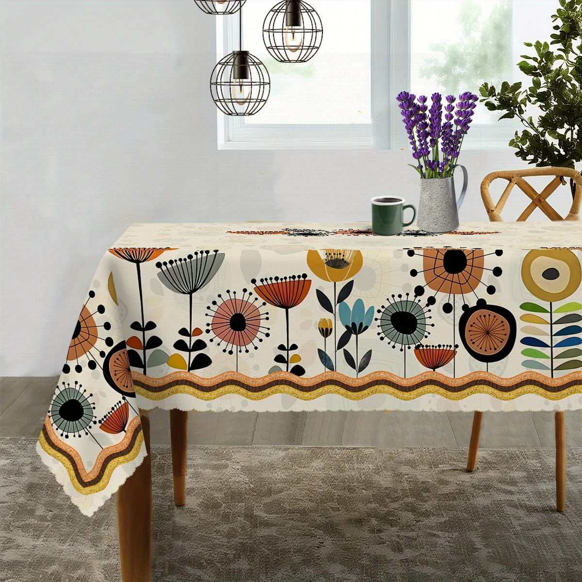 One geometric floral tablecloth, in a modern flat design, with circular/elliptical/rectangular dimensions.