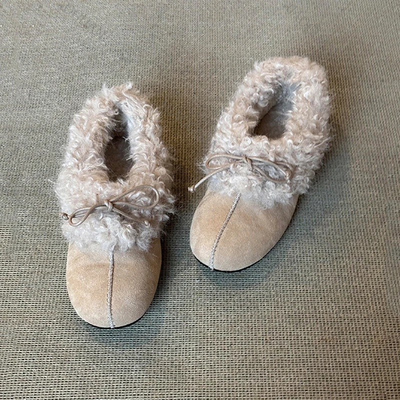 New Retro Bow Warm Flats for Women Round Toe Faux Fur Slip-On Casual Cotton Shoes Autumn Winter Solid Female Padded Single Shoes