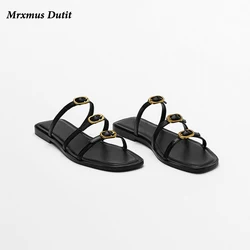 Mrxmus Dutit 2023 Fashion Women New Genuine Leather Metal Buckle Decoration Flat Slippers Casual Sandals Simple Shoes Female