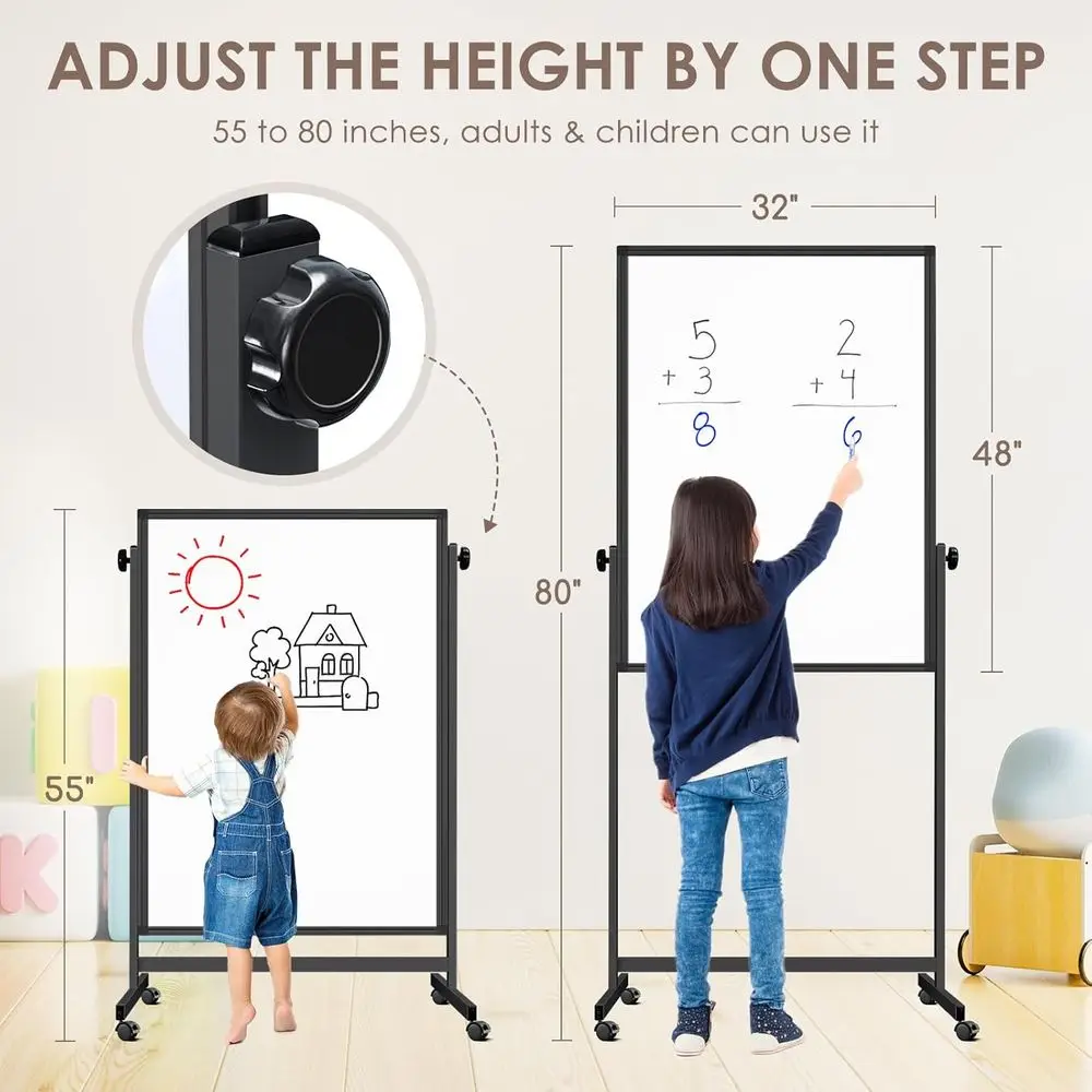 لوح مسح جاف مغناطيسي بارتفاع قابل للتعديل على عجلات، سبورة بيضاء كبيرة مقاس 32 × 48 بوصة مع لوحة مفلين طبيعية لعرض المكتب و #2