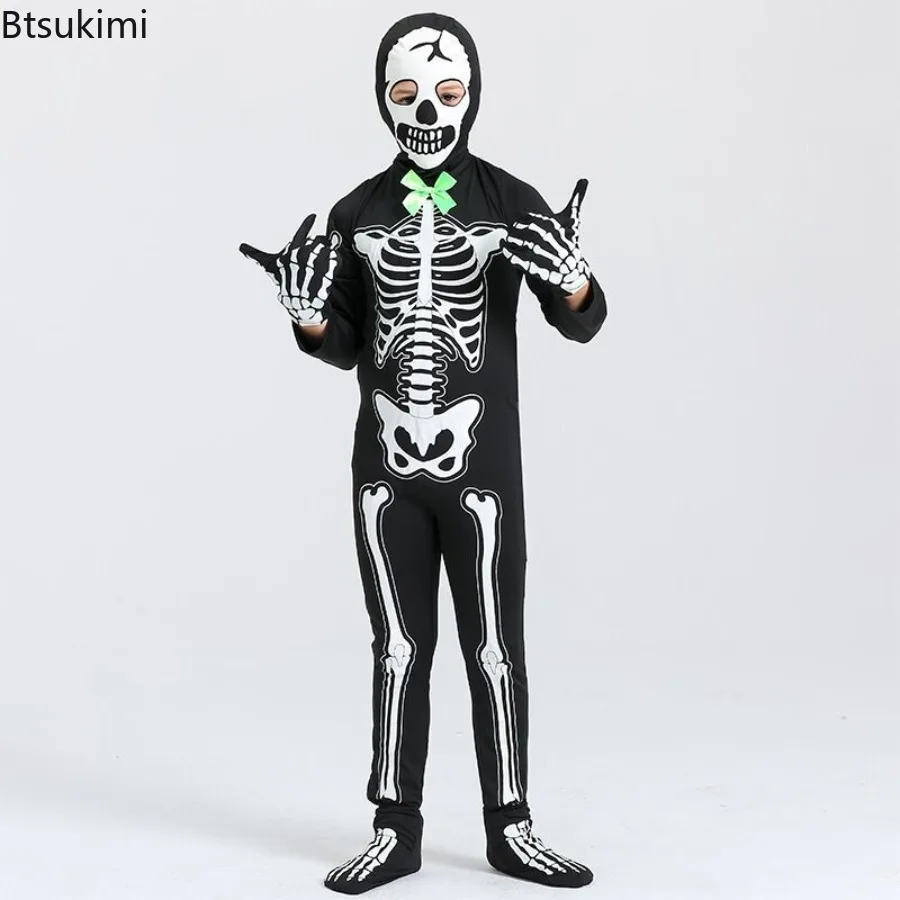 Kids Halloween Skeleton Costume Glow in The Dark Bone Jumpsuit Mask Party Dress Up Scary Outfit for Cosplay Performance Carnival view 3