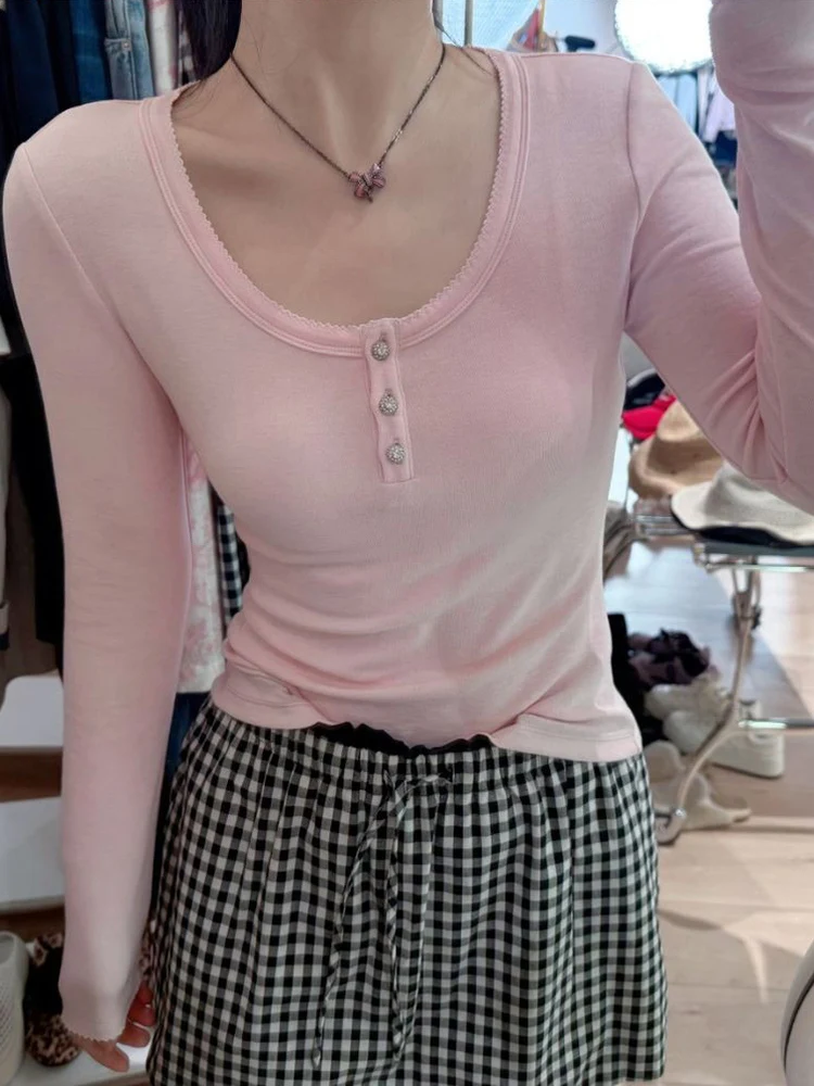 

Женская приталенная футболка-поло AW Wang Na Na Lan Jing Modal Henry Collar Base с длинным рукавом и узором «собачий зуб»