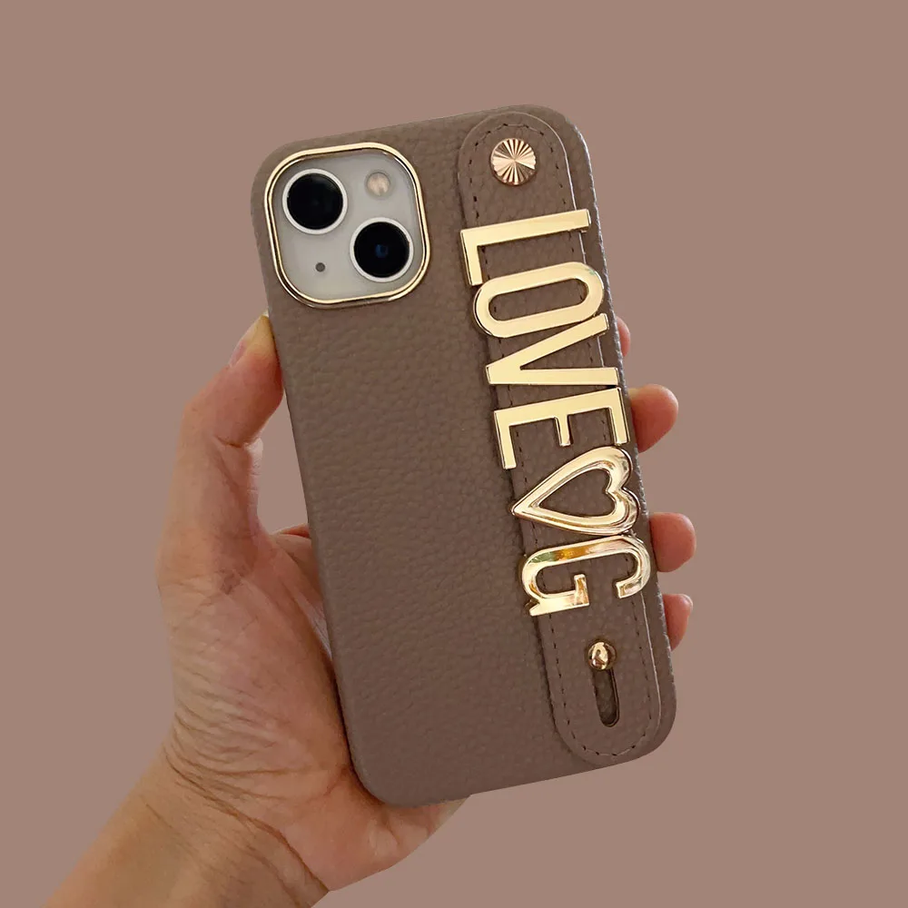 

Personalised Luxury Customization initial Name Gold Metal Letters leather Case For iPhone 16 13 12 11 14 15 Pro Max Phone Cover