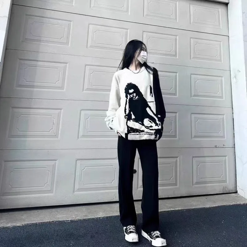 Black White Spliced Sweater For Women Vintage Casual High Street Knitted Pullover 2025 Spring Autumn New Tops Mujer