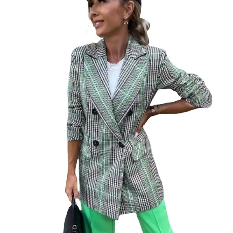 2024 Autumn Women\'s Clothes Double-breasted Long Sleeve Fashion Office Lady Blazers Long Design Female Casual Suits Plaid Coats