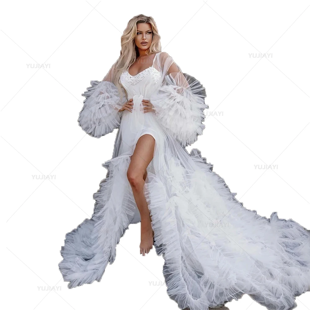 Bridal Robes Puffy Tulle Ruffles Sheer Wedding Dress for Photoshoot Party Gown Bridal Boudoir Lingerie Nightgown Sleepwear