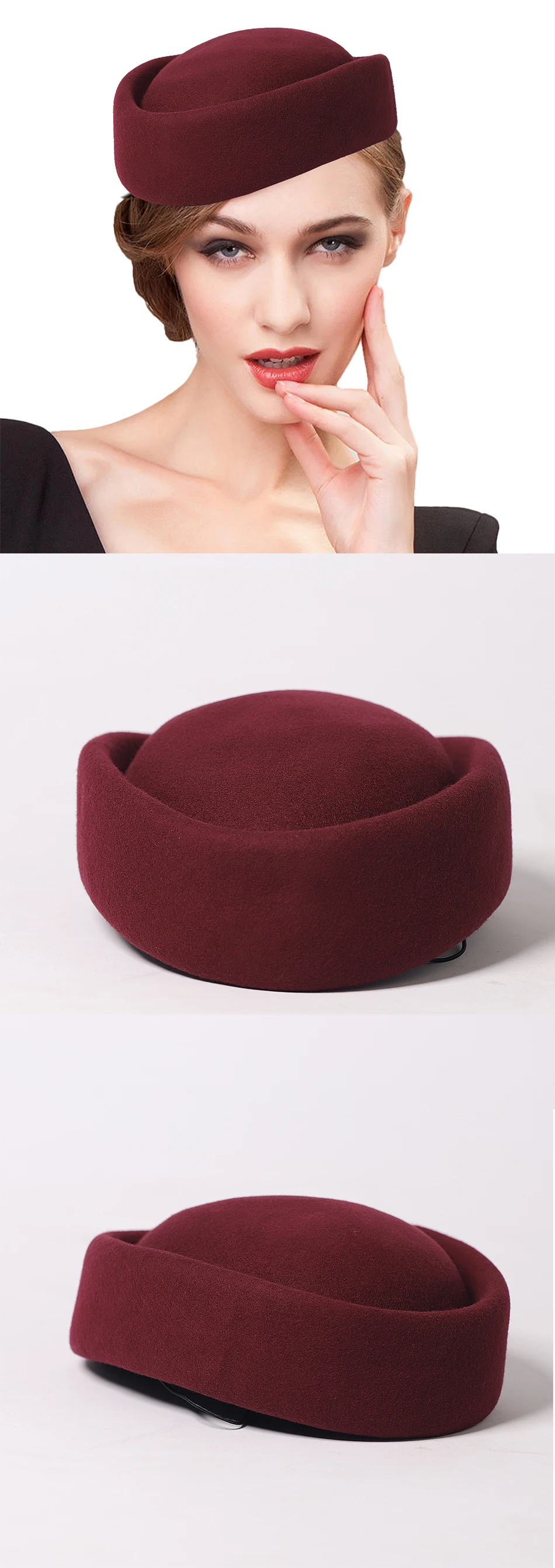 FS Luxuriöse weiße Woll-Pillbox-Hüte für Damen, Teeparty-Fascinator-Hut, Vintage-Weinrot, Hochzeits-Brautkappe, Chapeau Femme – Detail 3