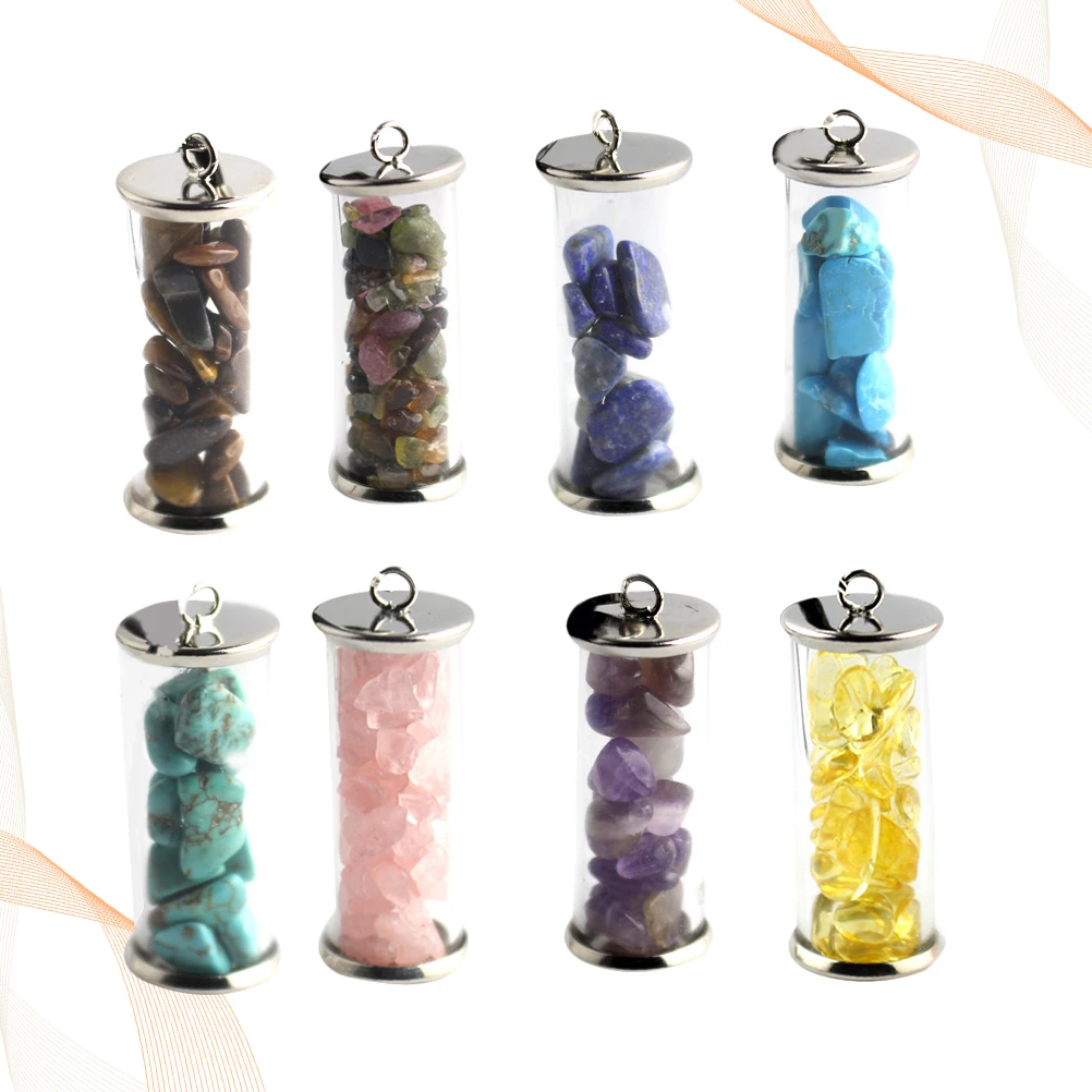 

8 pcs Wishing Pendant Colored Crystal Chip Glass Bottle Mini Hanging Drifting Bottle Diy Keychain Portable Gift Mixed Color