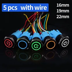 5 pcs Black Push Button Switch with Wire Waterproof Illuminated Metal Latching Momentary 5V 12V 220V Led Light 16/19/22mm Red
