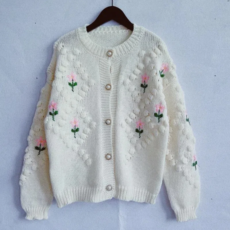 New Hand Crochet Embroidery Fried Dough Twists Pearl Button Knitted Sweater Cardigan Coat