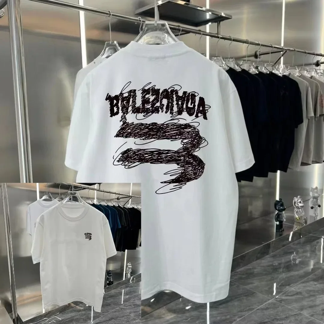 2026 Summer New Hand-painted Letter Printing Short-sleeved Men's Fashion Brand Half-sleeved Men's and Women's Loose Casual