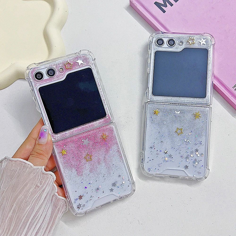 Japan Korea Gradient Glitter Meteor Transparent Phone Case For Samsung Galaxy Z Flip 5 Z Flip4 Z Flip3 Drop Glue Star Back Cover