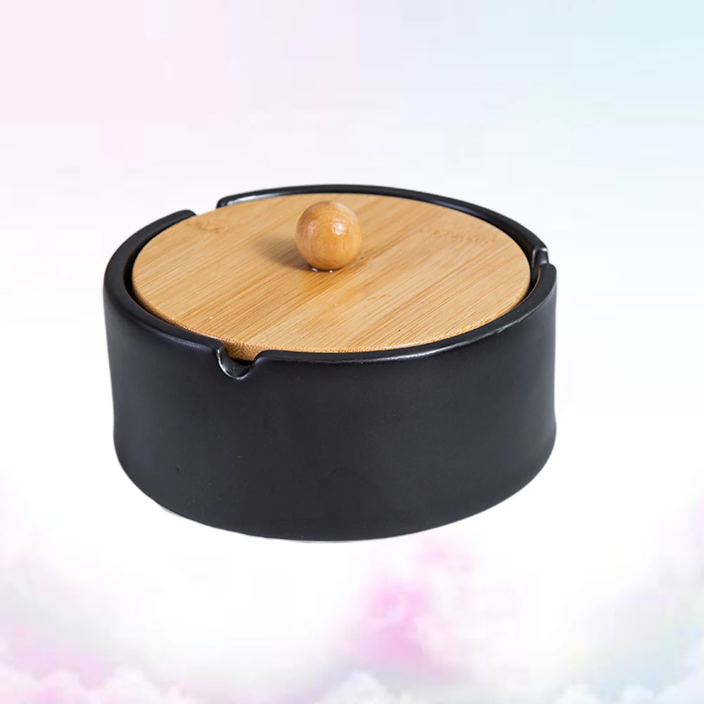 

Ceramic Ashtray Windproof Black Flat Base Desktop Jar Cigarette Holder Creative Ornament For Home Office Party Decor