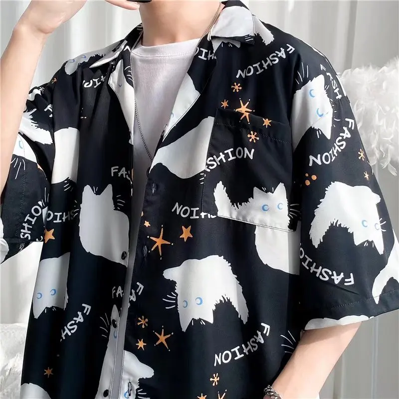 Summer High Quality Mens Shirt 3D White Cat Printed Short Lapel Sleeve Big Size Hawaii Men Clothing Beach Design Shirts 2023