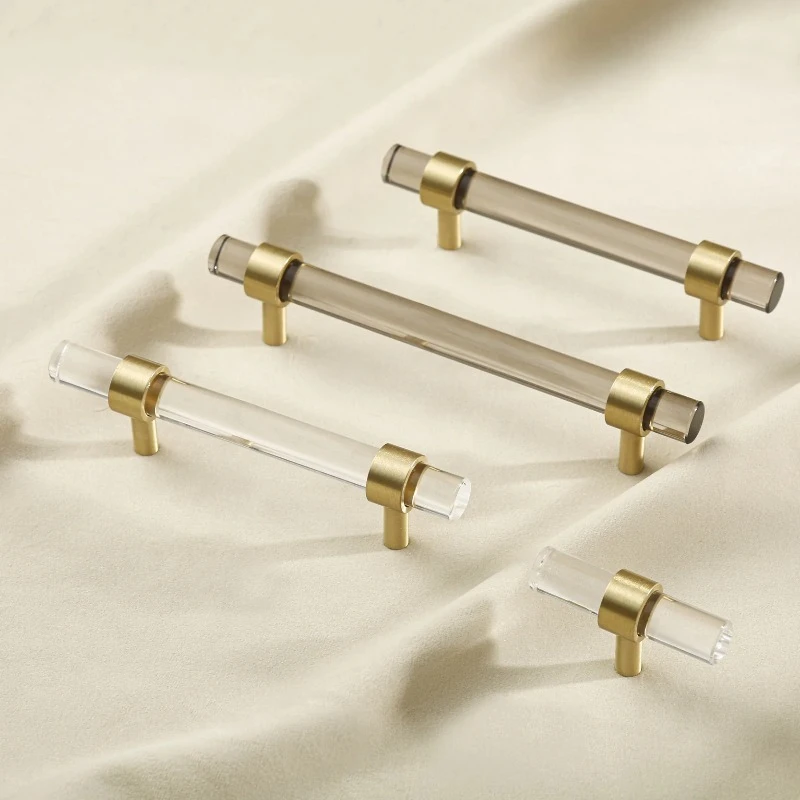 T-Bar Acrylic Kitchen Furniture Handles Wardrobe Drawer Door Knobs Golden Brass Cupboard Closet Shoe Cabinet Pulls Modern Style