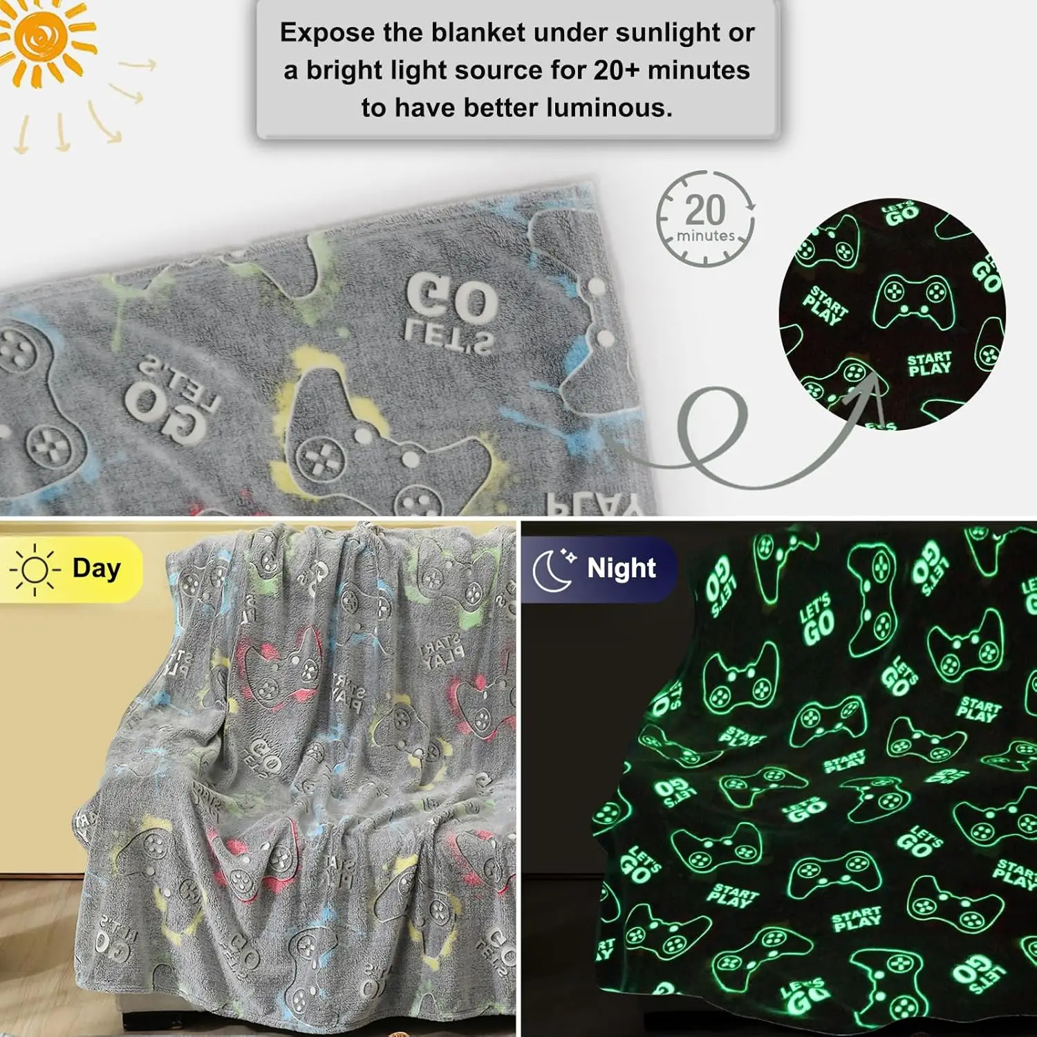 Glow in The Dark Gaming Blanket Gamer Game Controller Throw Gift Toys for Kids Boys Teen Adults Gamepad Gift Luminous Blanket