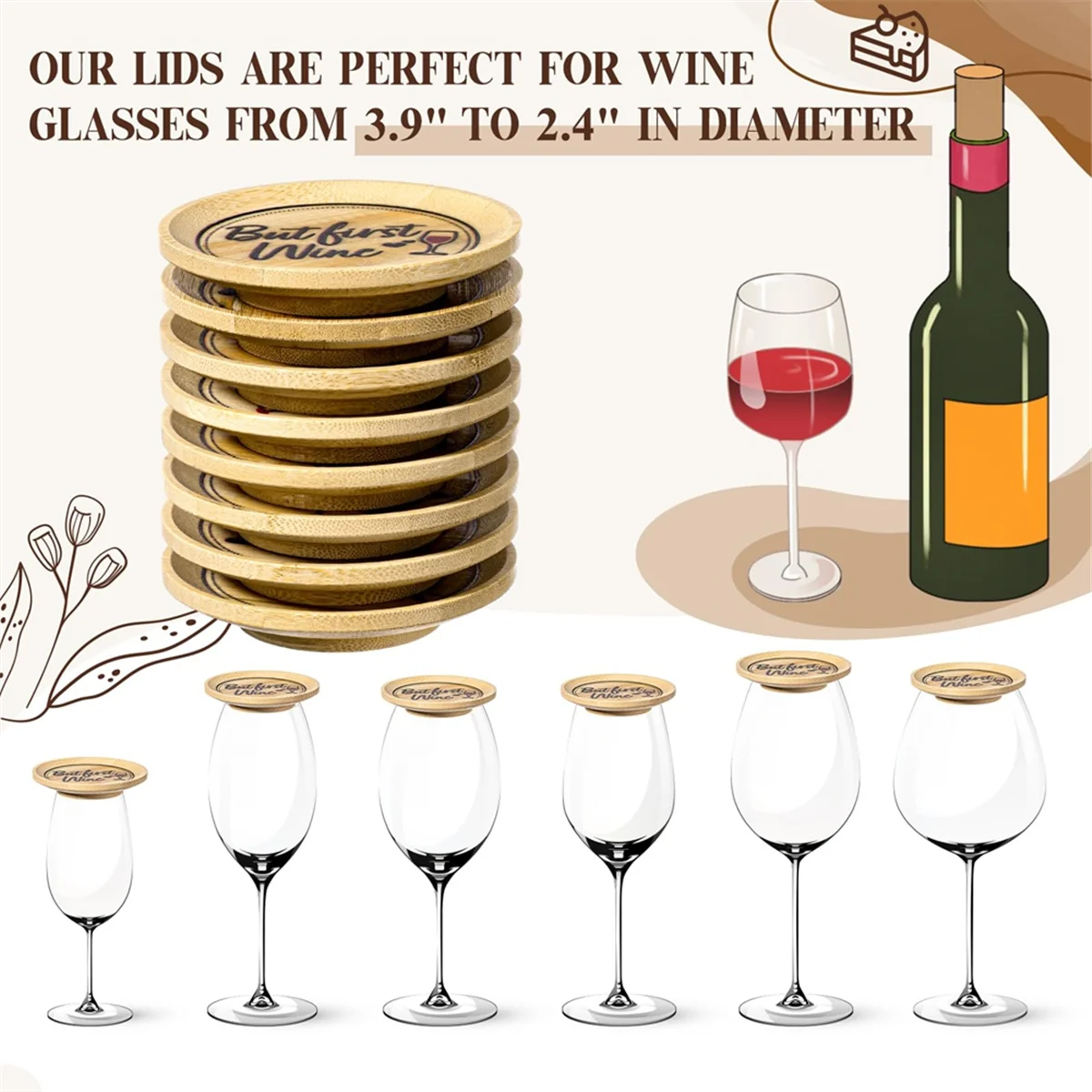 8 Pcs Wine Glass Charcuterie Topper Wine Glass Covers Bamboo Wine Glass Topper Coasters Plate Wine Glass Charcuterie SQ