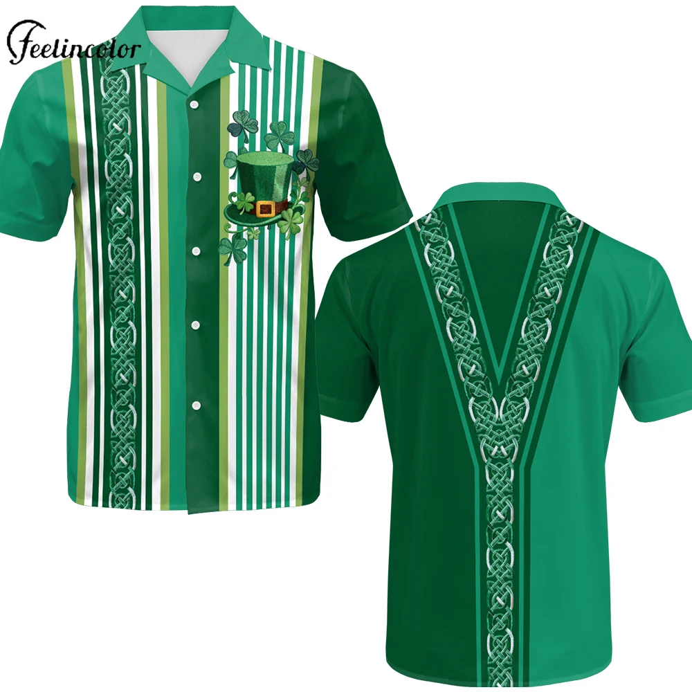 Men's 3D Lucky Clover Hat Print Polo Shirt Summer Short Sleeve Shirts Green St. Patrick's Day Party Tops Irish Festival Clothes
