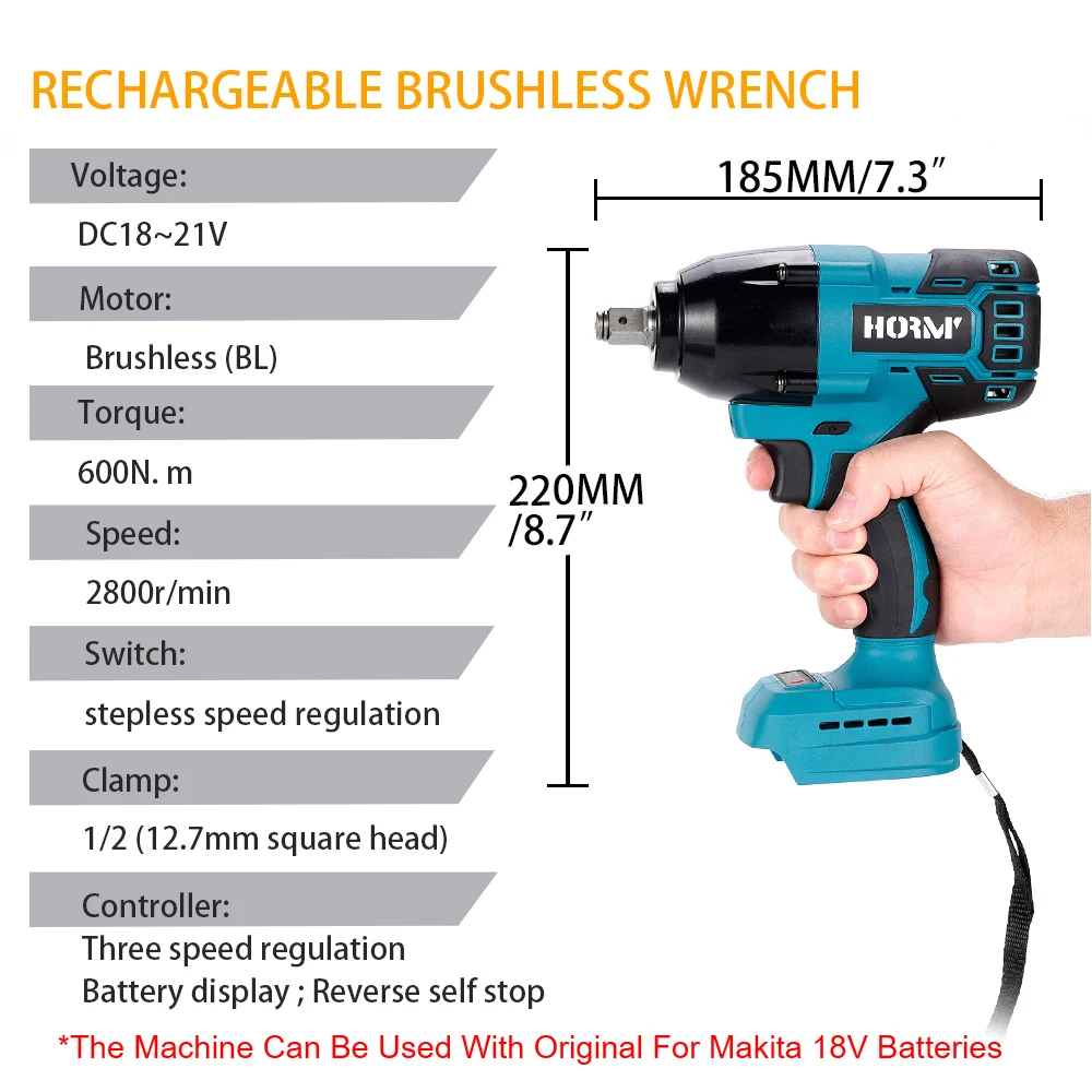 Hormy Brushless Electric Impact Wrench 1/2 inch 600N.m Cordless Hand Drill Without Battery Repair Power Tool For Makita 18V