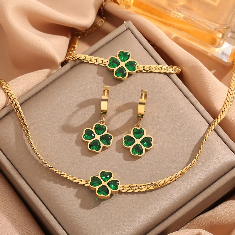 Gold Farbe High-end Vierblättriges Kleeblatt Intarsien Zirkon Halskette Armband Ohrring Set Edelstahl S Teel Luxus frauen Schmuck – Detail 1