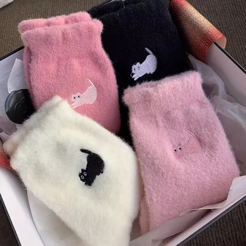 1/3Pairs Premium Feel Cute Cat Cozy Hairy Mink Velvet Socks Autumn Winter Hosiery Thickened Plush Warm Sleep Home Fluffy Socks