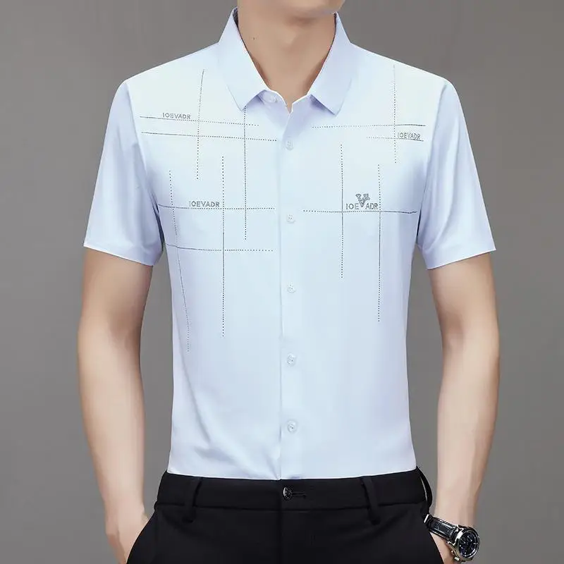 Men's Shirt Ice Silk Business Casual Shirt 2023 Summer New Men's Short Sleeve Shirt Scarless Shirt