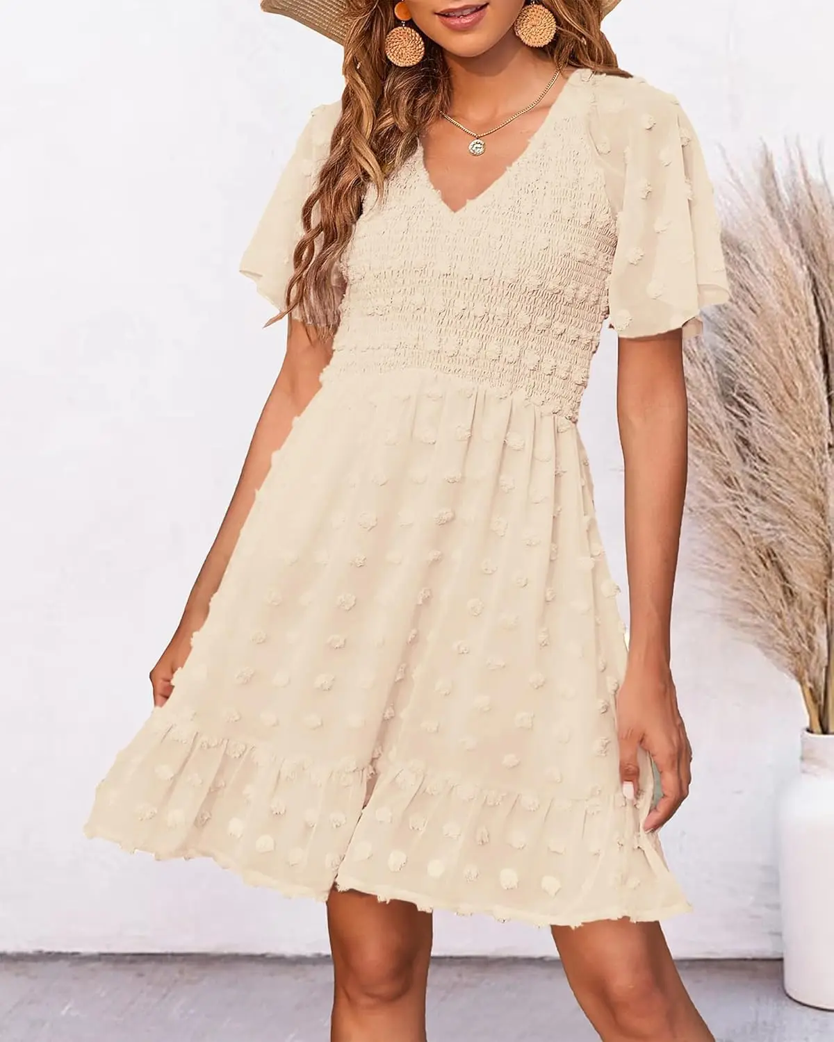 Womens Beach Vacation Dress V Neck Short Sleeve Smocked Dot Casual Ruffle Mini Spring Summer Dresses 2025