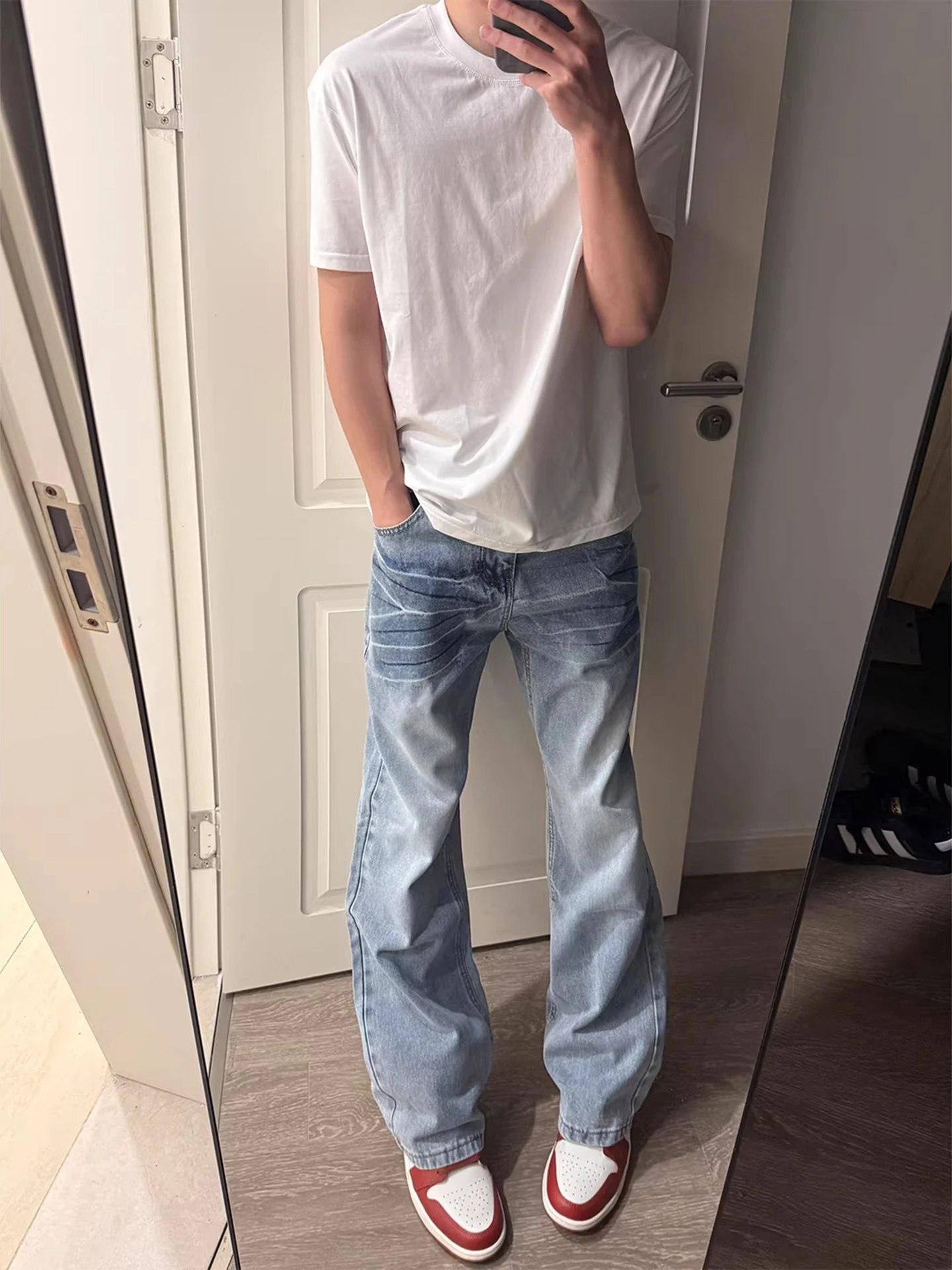 

Light Blue Lightning Pattern Flared Jeans Men's CleanFit American High Street Straight Blade Pants Youth Wear Casual Jeans