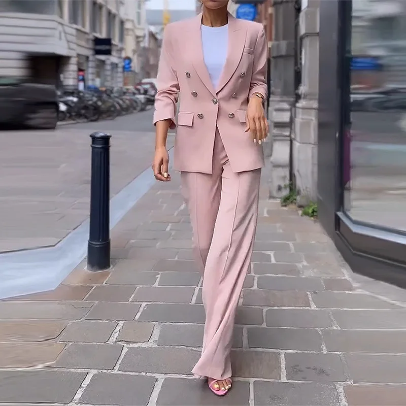 

Tesco Pink Blazer And Wide Leg Pants For Women Suit Sets Classic Double Breasted Jacket 2 Piece Casual Women's Pantsuit