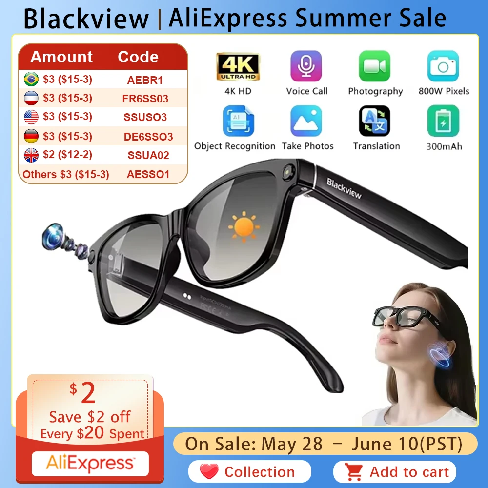 

BV100 AI Smart glasses 800W Pixels 2K HD camera Bluetooth gafas inteligente Call Voice Assistant Translation Stereo Speakers&Mic