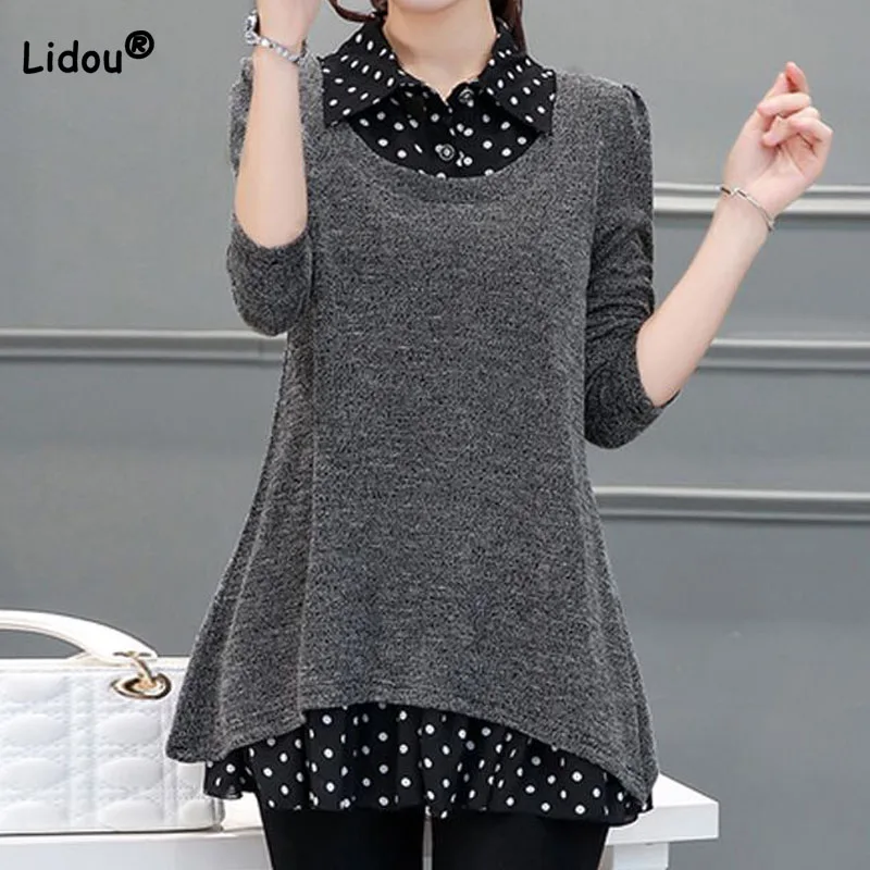 

Female Elegant Fashion Polka Dot Spliced Long Sleeve Tops Casual Commute Fake Two Pieces Knitted Pullovers Women's Clothing