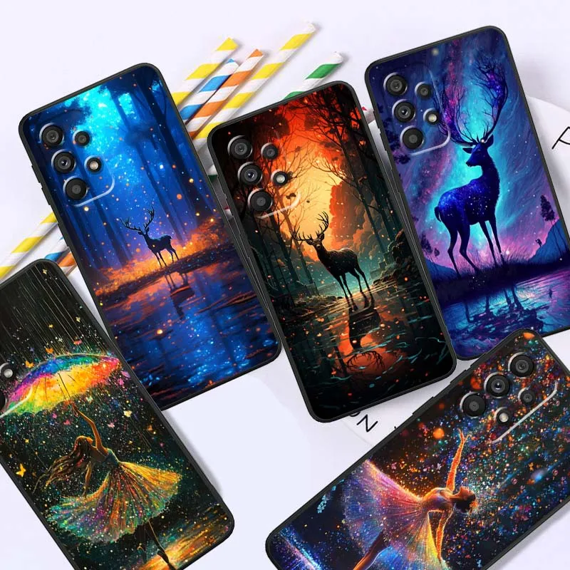 

Luminous Sparkling Deer Girl Phone Case For Samsung A73 A72 A71 A55 A54 A53 A52 A51 A13 A22 A16 A15 A05s A14 A05 A06 5G Black