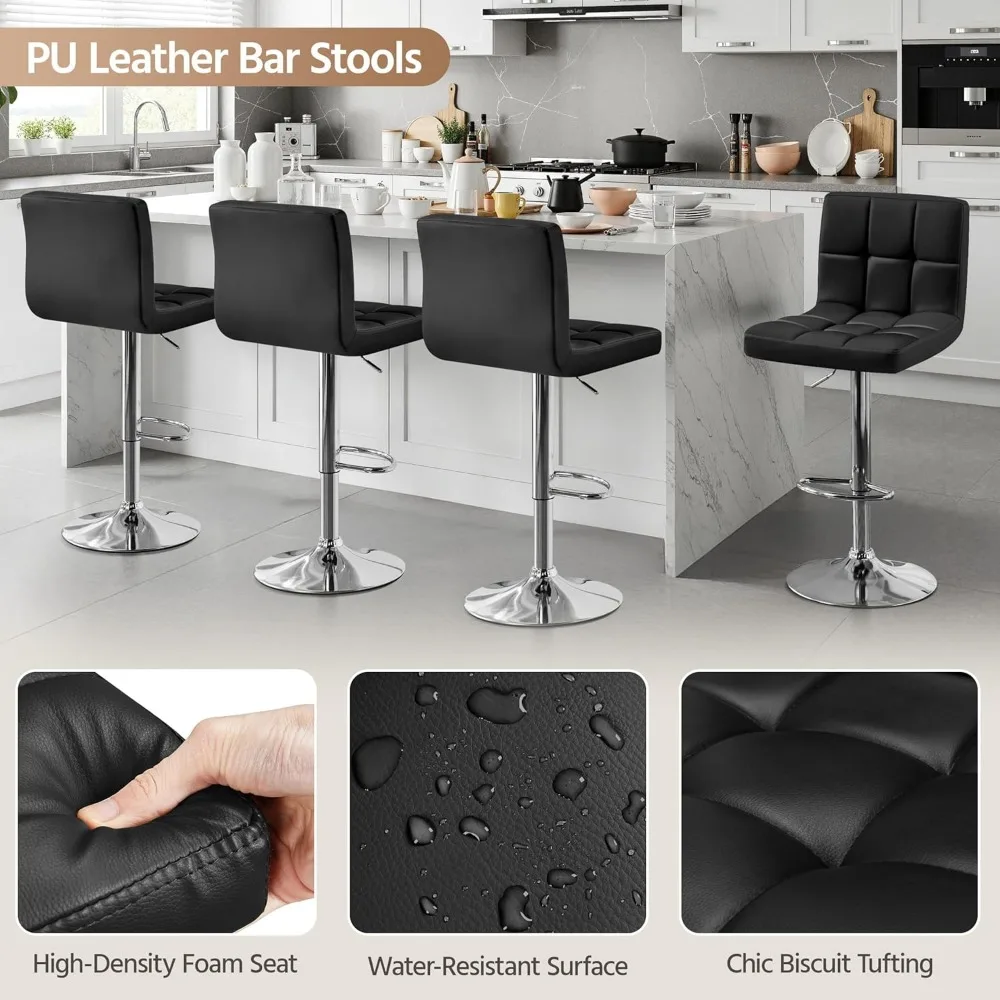 Bar Stools Set of 2, Adjustable PU Leather Swivel Barstools, Modern Counter Stools with Back and Footrest
