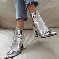 2024 New Women's Fashion Pointed Toe Thick Heel Metallic Silver Sexy Ankle Boots