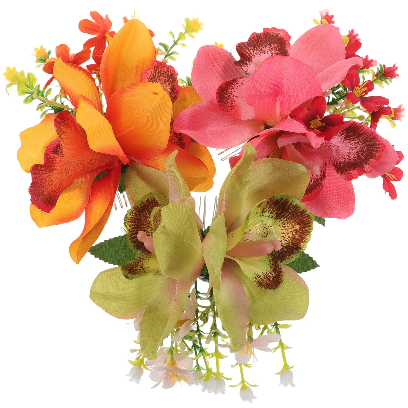 Floral Orchid Hair Combs Set – 3pcs Tropical Metal Hair Slides for Bridal Bun, Beach Photoshoot, Side Hairstyles