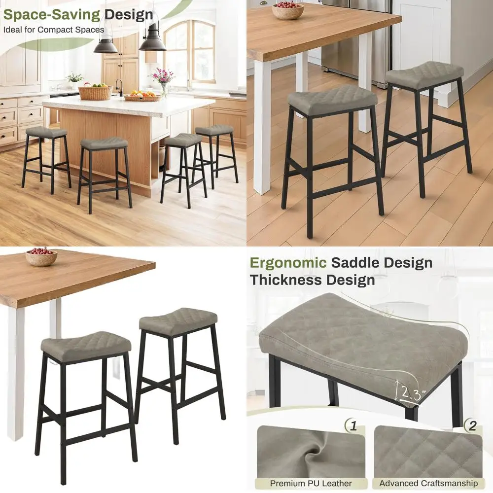 ชุดเก้าอี้บาร์ทรงสูงแบบเคาน์เตอร์ 2 ตัว เบาะหนัง PU หนา ขาโลหะสีดำ เก้าอี้ครัว 24 ตัว สีเทาเบจเข้ม